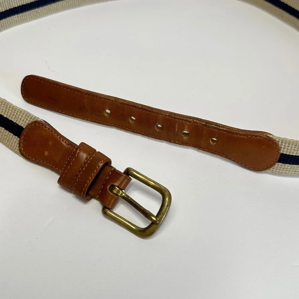 Coach‎ Belt Mens 36 Beige Navy Linen Leather Vintage 3830 Preppy Striped